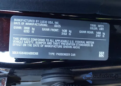 2025 Lucid Air Grand Touring z USA, uszkodzony, nr VIN 50EA1GBA6SA008368